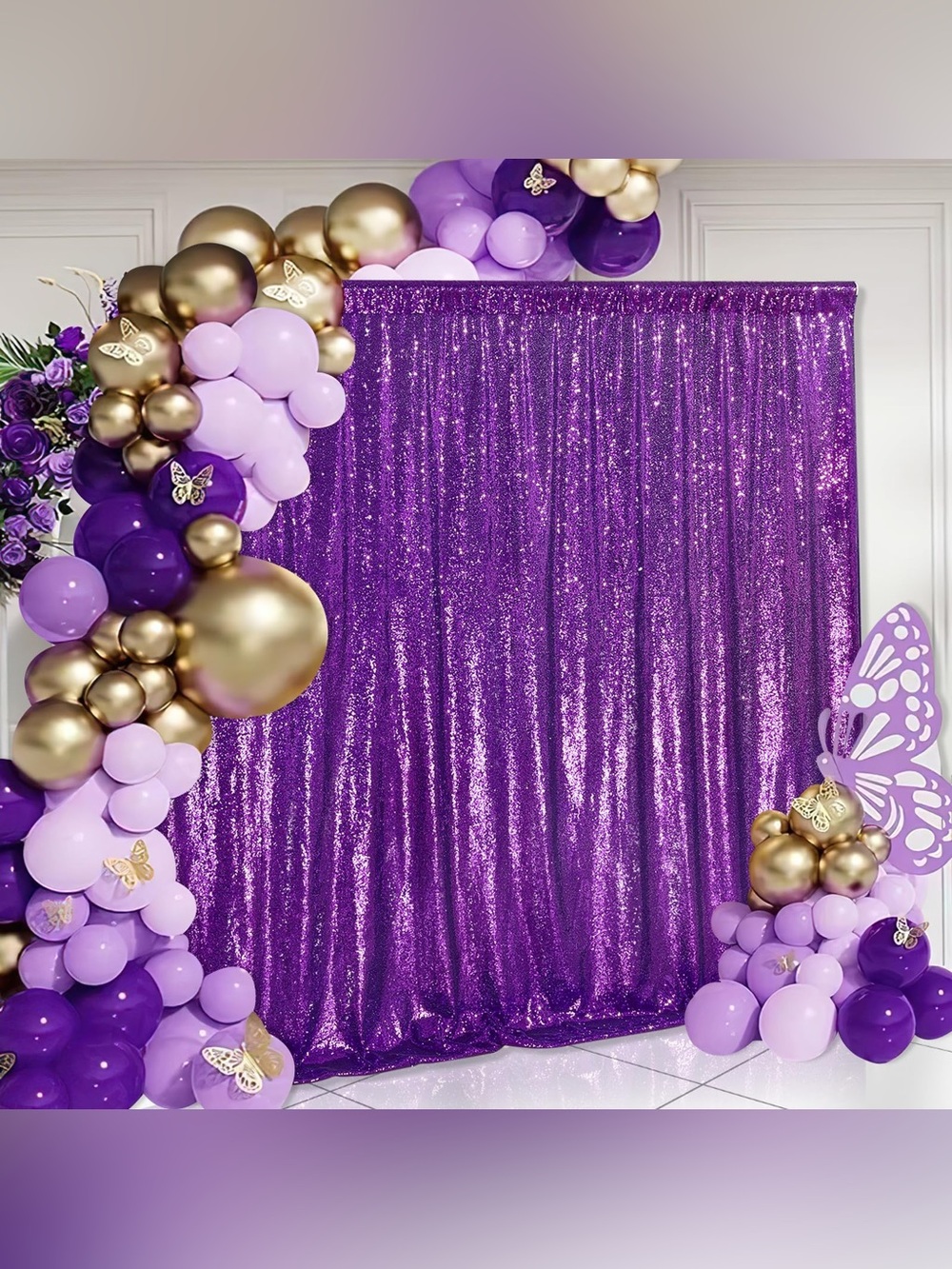 Purple Sequin Curtains - 4-Panel Backdrop for Parties, Staging & Holiday 4X8 ft